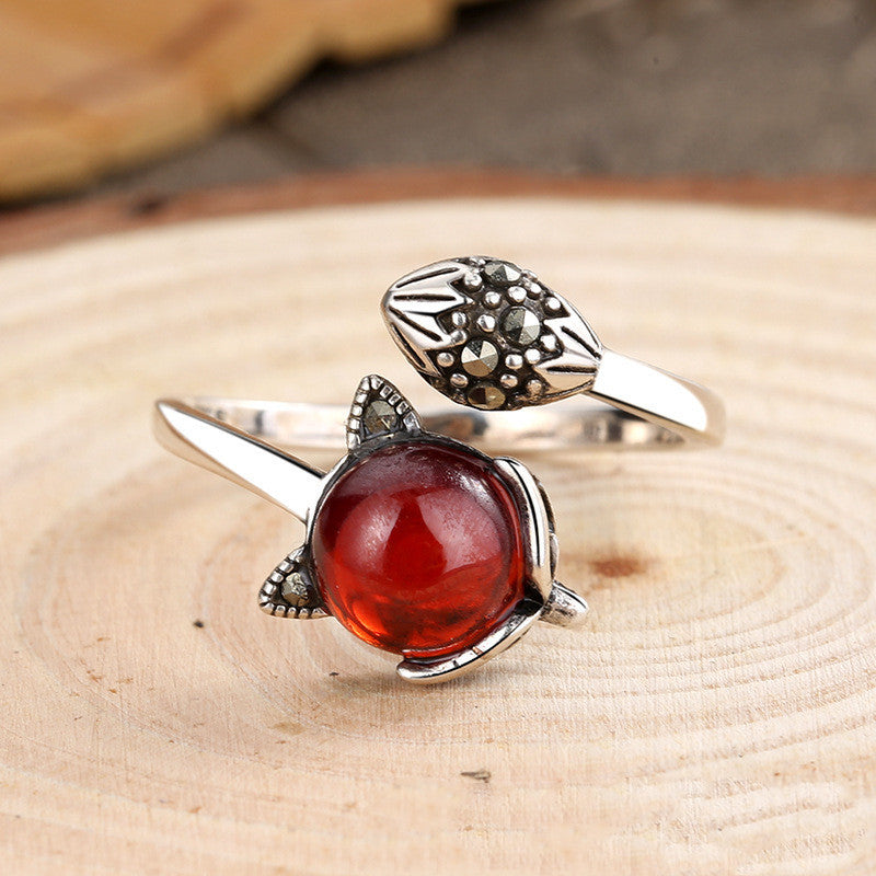 Adjustable Garnet Ring Copper Animal Zodiac Geometric Design Retro Fashion Opening Ring 5.5mm Stone Fox Garnet