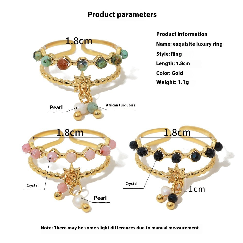 Womens Open Ring with Natural Stone and Tassel Pendant 18K Gold Plated Geometric Titanium Steel Finger Ring Girlish Vacation Jewelry for Women