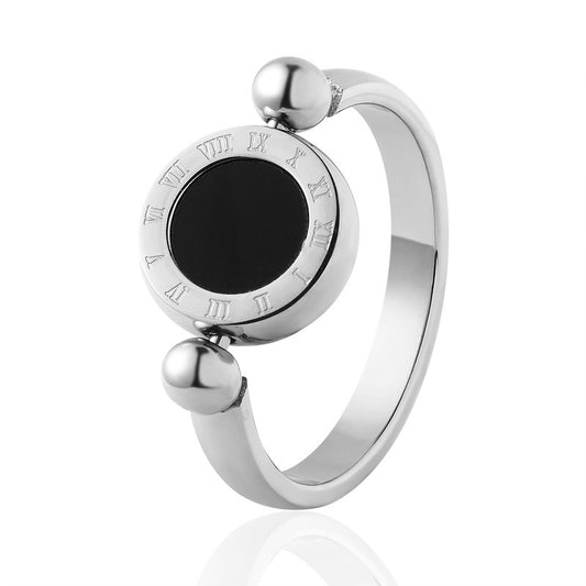 Titanium Steel Roman Numeral Ring Rotating One Side Black White Shell Woman Ring Korean Style Tourism Souvenir