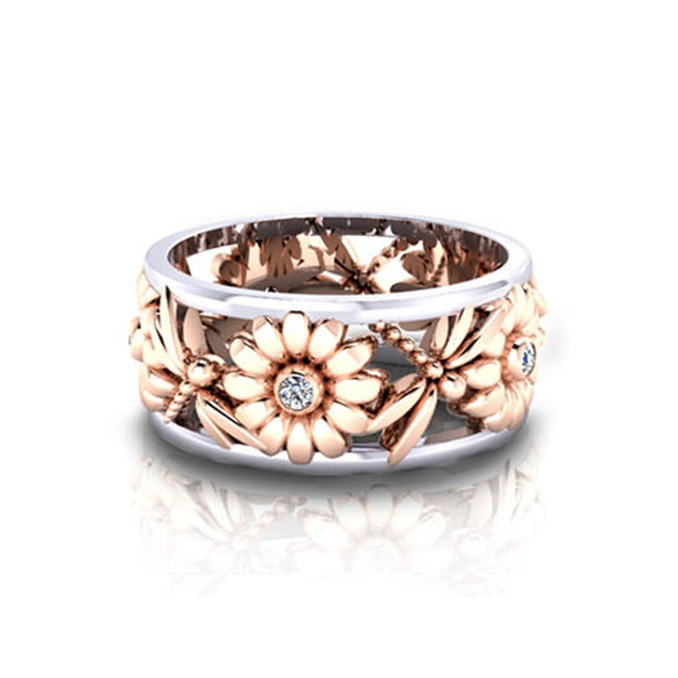 Womens Copper Flower Ring Rose Gold Two Tone Electroplated Gems Sunflower Design With Inlaid Gems Subtle Shine