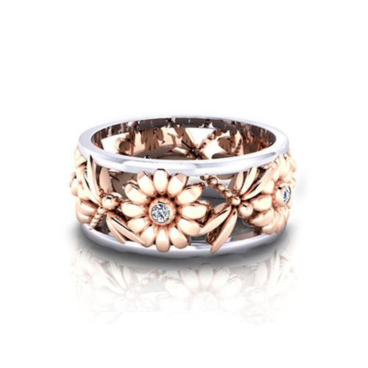 Womens Copper Flower Ring Rose Gold Two Tone Electroplated Gems Sunflower Design With Inlaid Gems Subtle Shine