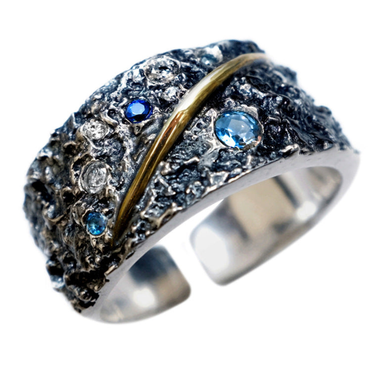 Sterling Silver Diamond Ring Unisex Star Sapphire Adjustable Band Geometric Design For Men And Women Elegant Gift