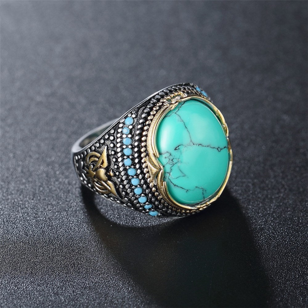 Mens Stainless Steel Wedding Band Punk Ring Round Fashionable Exquisite Turquoise Inlaid Rings Polished Finish
