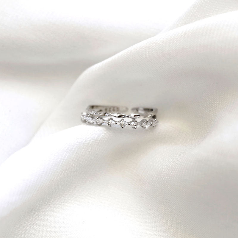 Sterling Silver Ring With Double Zircon Korean Geometric Design Electroplated 925 Silver Gem Ring For Her Women