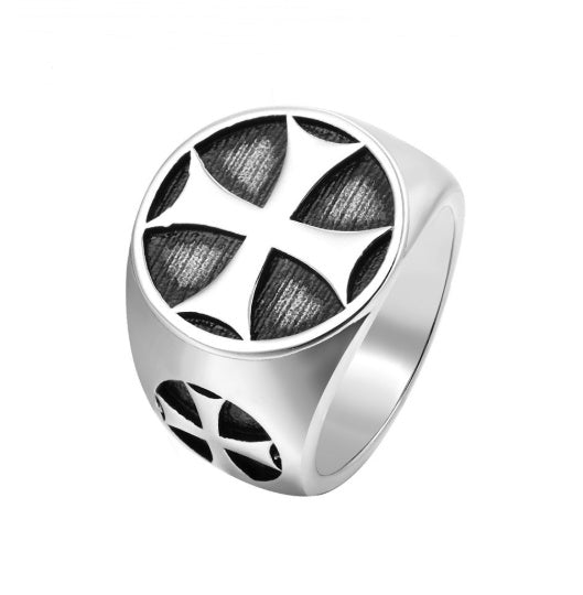 Men's Titanium Steel Ring Retro Cross Medal Design Statement Band Unique Personality Jewelry Gift for Him Fashion Accessory Black Steel Gold Tone