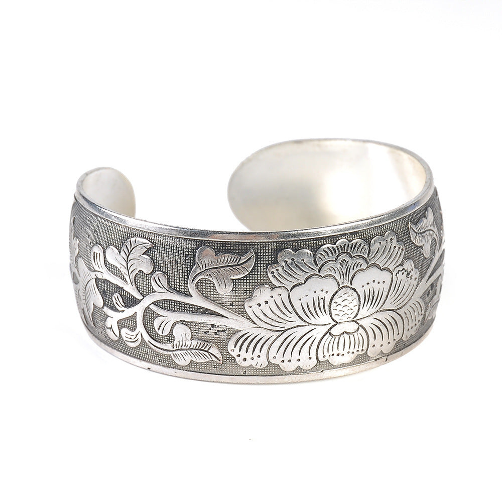 Peony Flower Bracelet Silver Plated Bangle 2.5cm Wide Floral Design For Women And Girls Inner Diameter 5.9cm