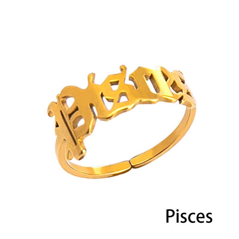 Stainless Steel Zodiac Sign Open Ring Adjustable Gold Letter Initial Ring for Women Lightweight Everyday Spark