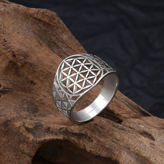 Stainless Steel Hollow Six Side Eight Pointed Stars Ring Unisex Adjustable Size Flower Shape Jewelry Style 4 Gold