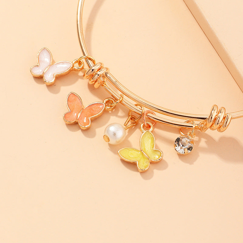 Womens Golden Floral Butterfly Pendant Bracelet Jewelry