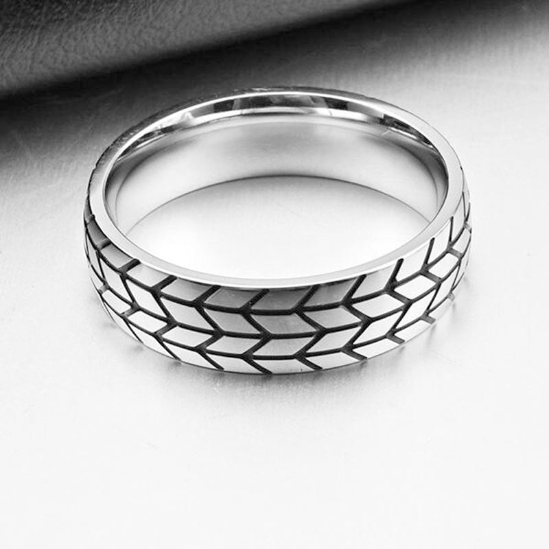 Unisex Metal Geometric Carved Tire Ring Iridescent Design Automotive Ring Gift For Car Lovers Unique Band Ring