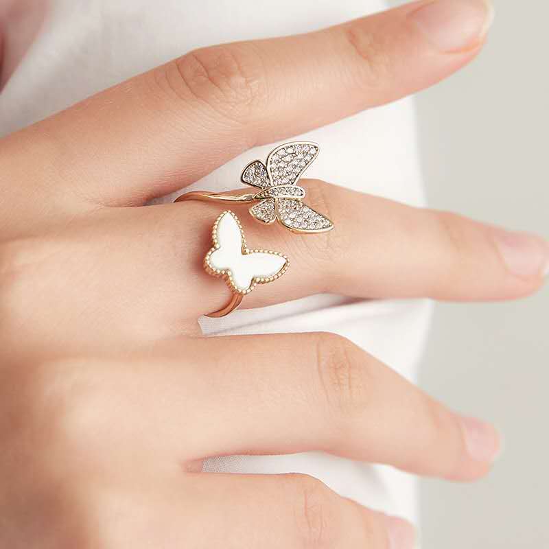 Women's Butterfly Ring 18K Gold Plated Zircon Inlay Adjustable Finger Ring Delicate Fashion Jewelry for Teens.