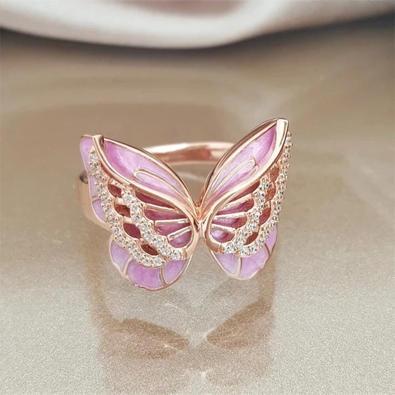 Womens Butterfly Zircon Ring Copper Electroplated Glazed Dainty Jewelry for Wedding Engagement Gift Party Gift