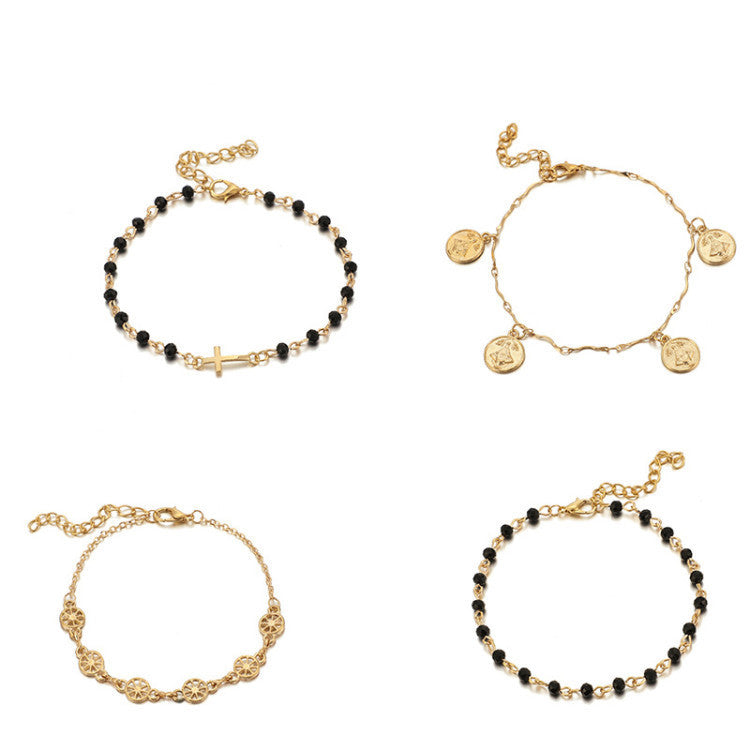 Unisex Four Piece Alloy Bracelet Set With Cross And Disc Continental Style Electroplated Travel Promotions Gift