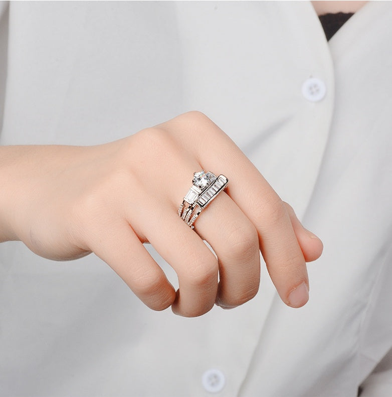 Diamond Studded Ring Sterling Silver White Gold Tone Geometric Design For Women Anniversary Gift Mosaic Gemstone