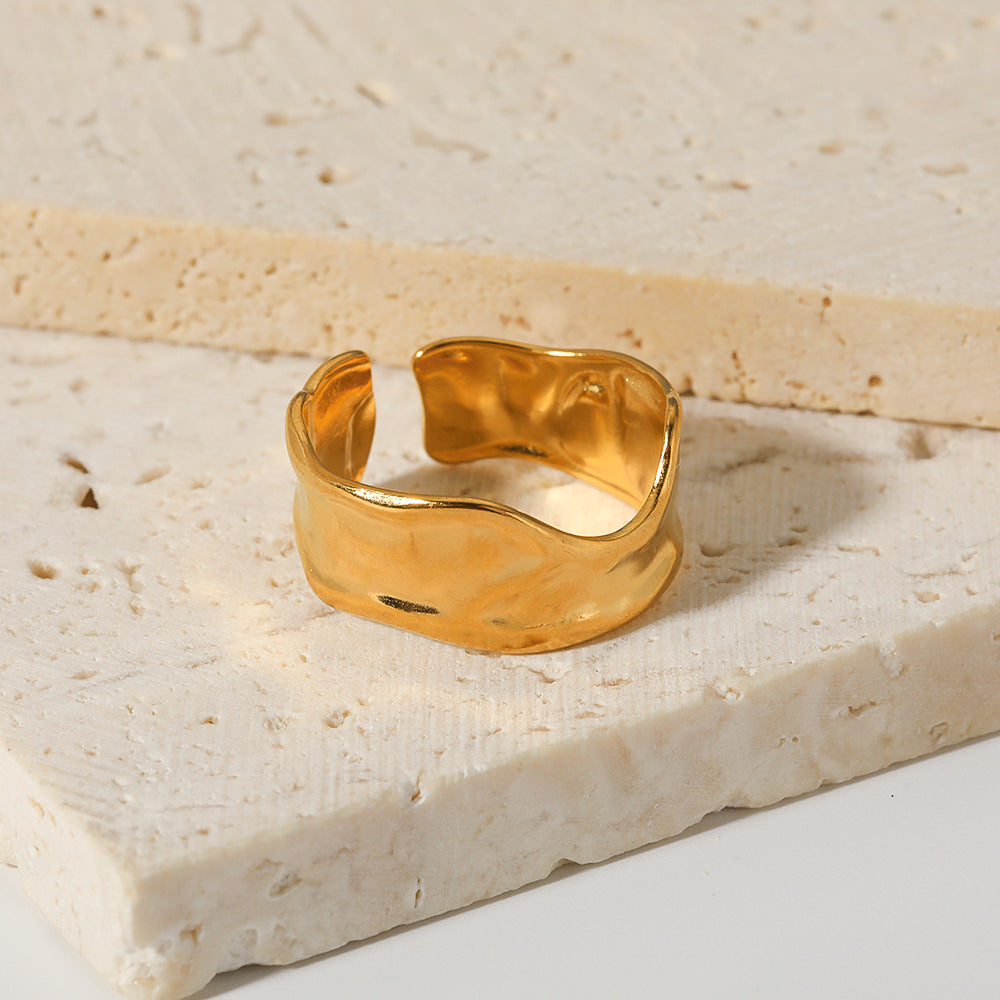 Unisex Stainless Steel Ring Irregular Tin Foil Textured Adjustable Index Finger Gold Tone Electroplated Jewelry