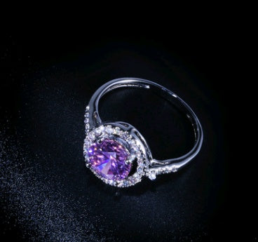Round Ring Diamond Zircon Purple Crystal Amethyst Heart Shape Gold K Gold Fashion Women Wedding Jewelry Elegant Gem