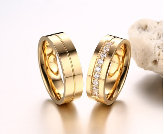 Titanium Steel Couple Ring Electroplated Gold Diamond