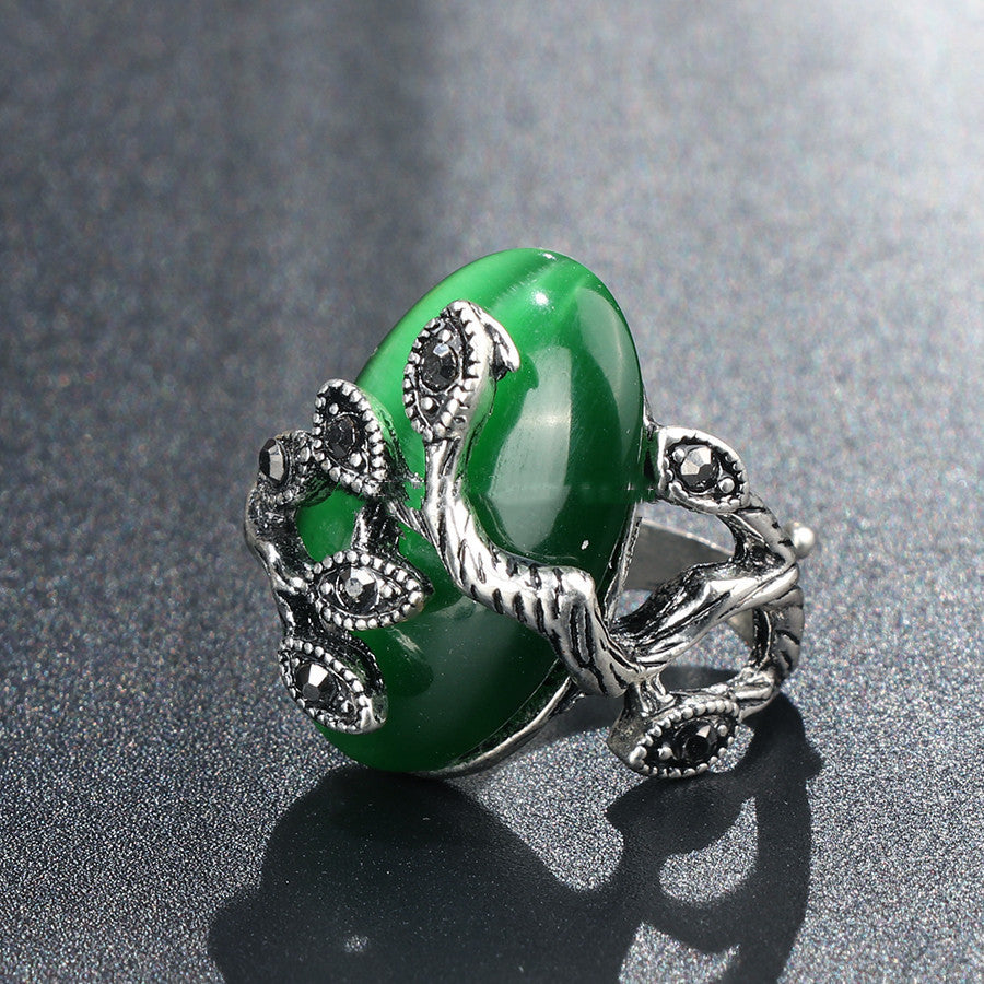 Women Opal Ring Antique Silver Green Flower Design Coating Alloy Jewelry Gift Birthday Celebration Lovely Gift