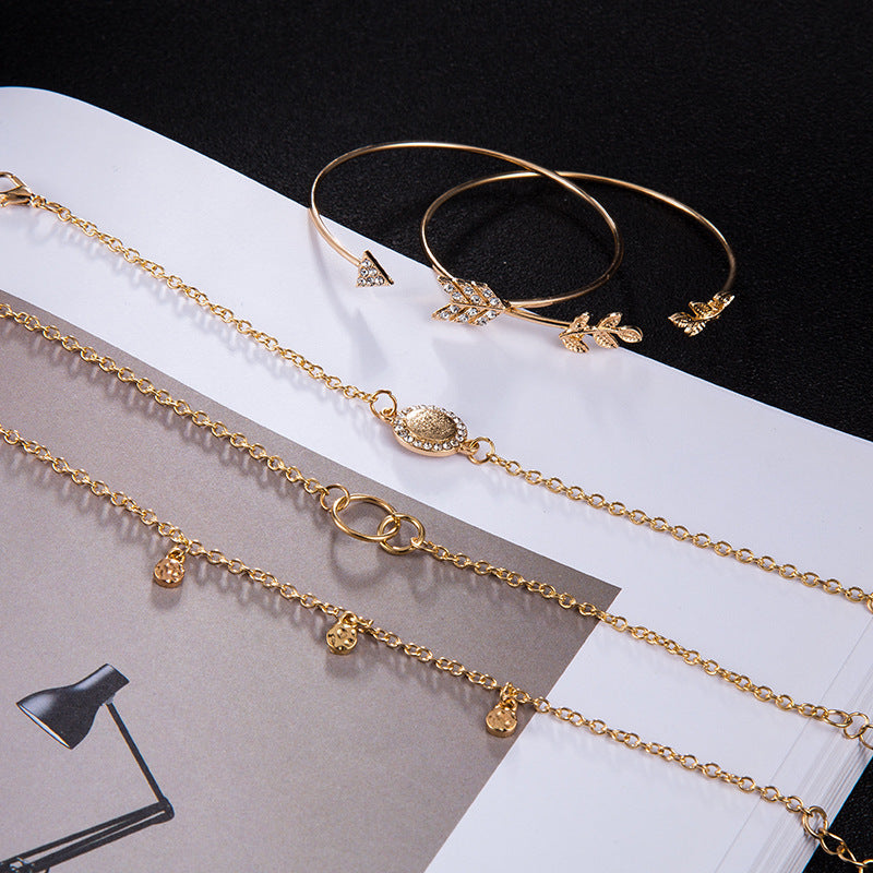 Boho Arrow Leaf Bracelet Set Five Piece Alloy Jewelry
