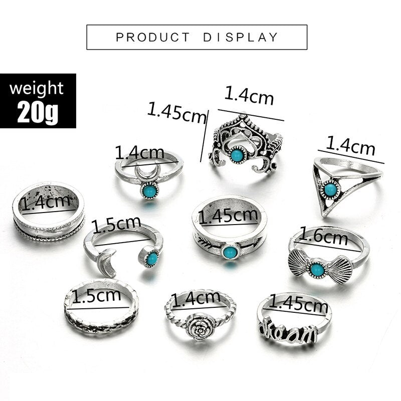 Womens Crescent Turquoise Ring Set With Alloy And Artificial Gems And Semi Precious Stones Fashion Jewelry Rings