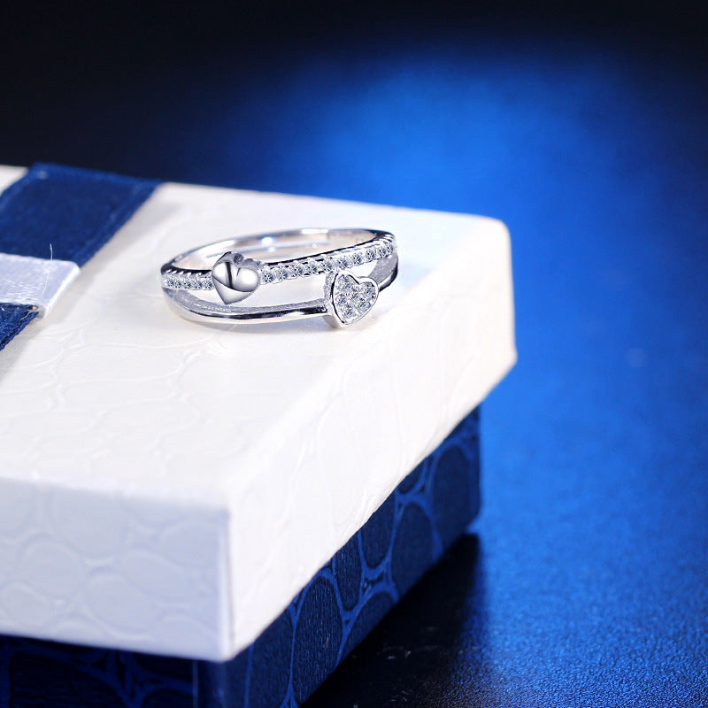 Womens 925 Sterling Silver Heart Ring Diamond Accent Open Design Retro Heart To Heart For Everyday Wear Shines