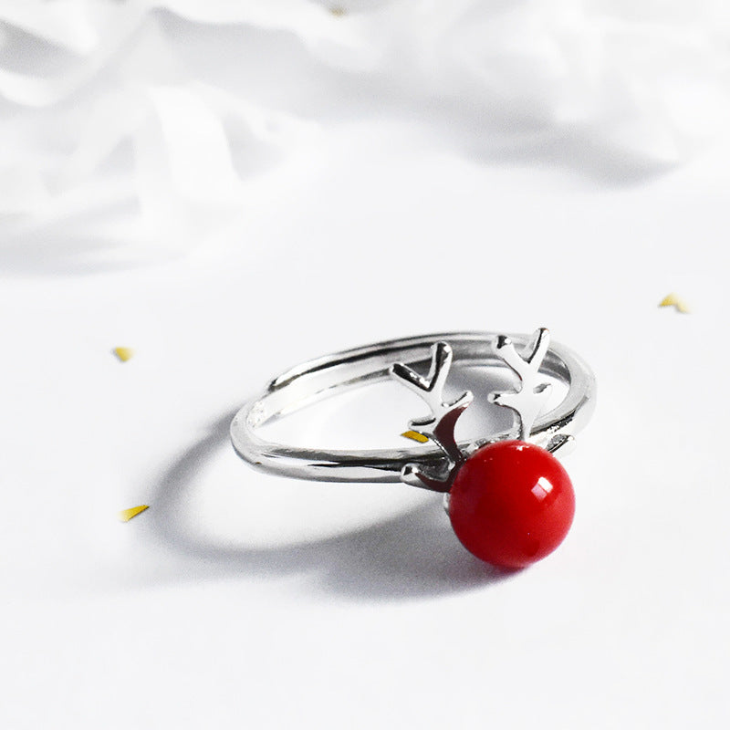 Womens Sterling Silver Ring With Red Pearl Elk Zodiac Christmas Ring Holiday Jewelry Gift For Her Classic Look