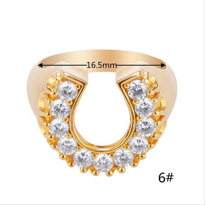 Horseshoe Element Ring UShaped Gold Plated Copper With Artificial Gem Inlays European American Fashion Jewelry