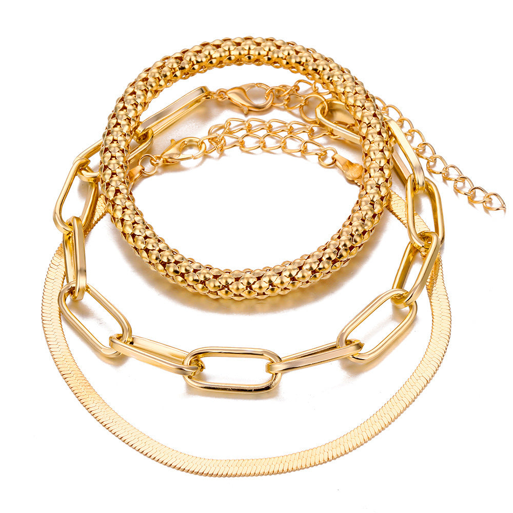 Womens Gold Plated Bracelet Set With Layered Snake Chain And Geometric Gem Accents Electroplated Finish Sparkle