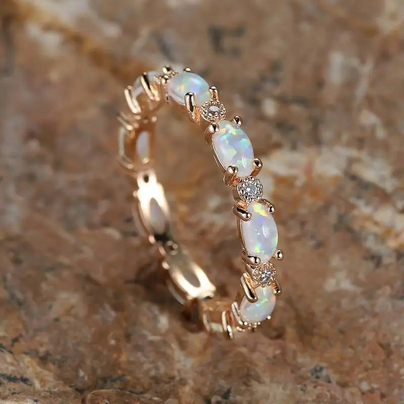 Gold Plated Oval Opal Zircon Eternity Ring For Women Zinc Alloy Jewelry Daily Wear Elegant Accessory Style Lux