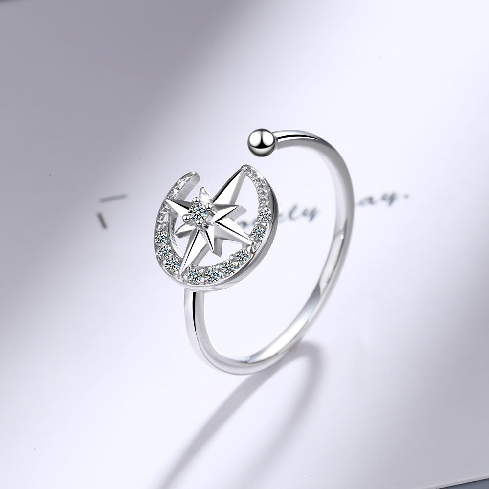 Womens Adjustable Star and Moon Ring Platinum Plated Zircon Jewellery Japanese and Korean Fashion Gift for Her