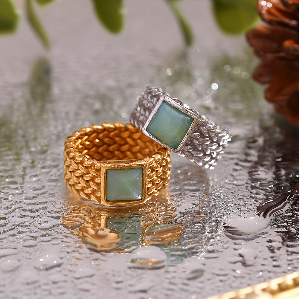 Vintage Stainless Steel 18K Gold Plating Woven Square Natural Stone Ring
