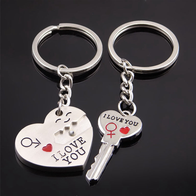 Couple Heart Keychain Set Enamel Zinc Alloy I Love You Heart Lock Pendant Romantic Gift for Lovers Silver Tone