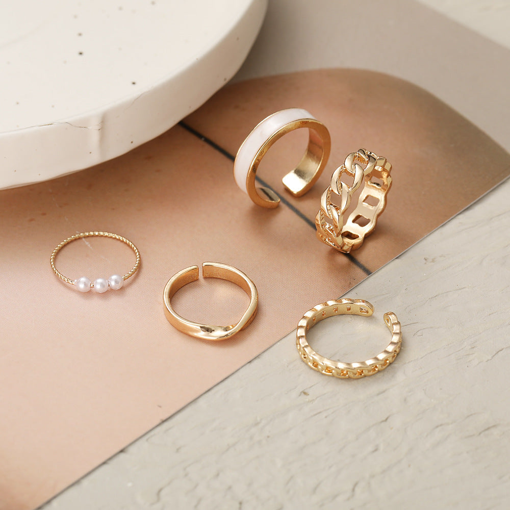 Womens Alloy Metal Ring Set Retro Geometric Chain Rings European Design Electroplated Gold And Silver Tone Fashion