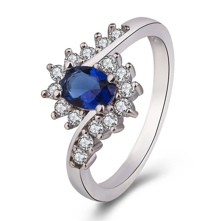 Simple And Elegant Oval Stone Ring Dark Blue Rhinestones White Gold Color Navy Blue Rhinestones Platinum Color