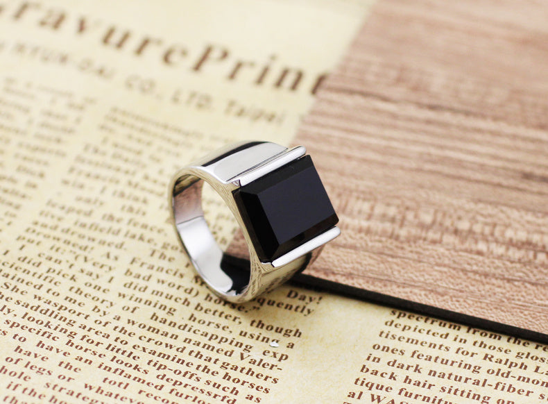 Mens Titanium Steel Ring Obsidian Inlay European American Retro Style Jewelry Gift For Him Obsidian Inlay Gems