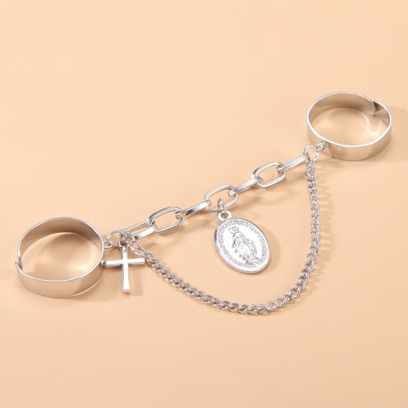 Womens Punk Ring Set Tassel Chain Alloy Adjustable Opening European American Circular Rings Smooth Gold Silver