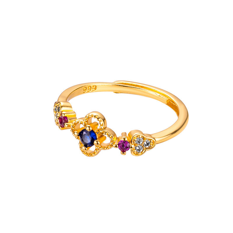 Gold Plated Clover Open Ring Adjustable Copper Electroplated Leaf Design Jewelry For Women Elegant Daily Wear Chic