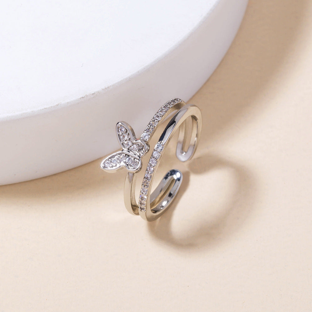 Copper Zircon Butterfly Ring Adjustable Geometric Design
