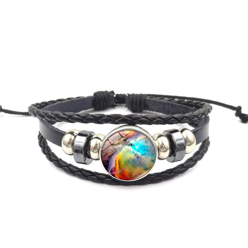 Womens Beaded Bracelet Handmade Starry Sky Universe Design Glass Gem Alloy Pendant Adjustable Leather Rope Gem