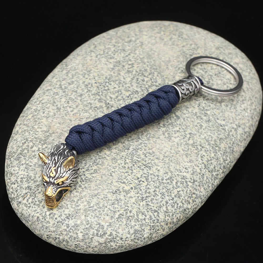 Paracord Key Ring With Wolf Head Beads Stainless Steel Keychain Length 15cm Durable Rope Craft For Outdoor Use