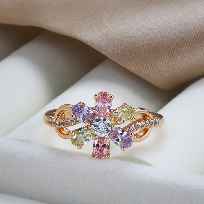 Simple Colorful Zircon 585 Rose Gold Flower Ring