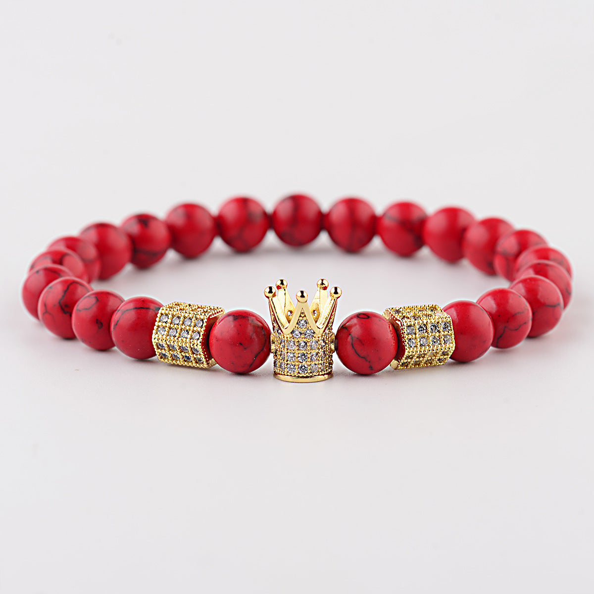 Red Pine Wood Bracelet With Copper Crown And Red Turquoise Accents Micro Inlaid White Zircon Elastic Cord Glow