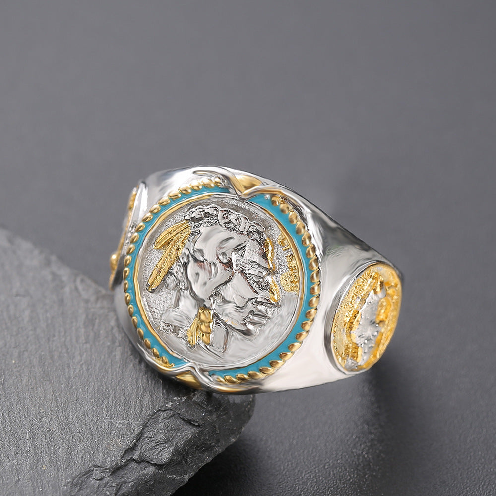 Mens Hip Hop Electroplated TwoTone Copper Ring Animal Head Design European American Fashion Jewelry Daily Wear