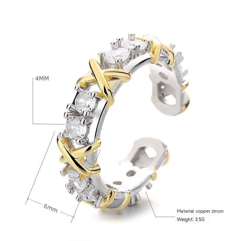 Adjustable Open Copper Ring Inlaid Zircon Letter X Cross Design Ring For Women Color Separation Zircon Accents
