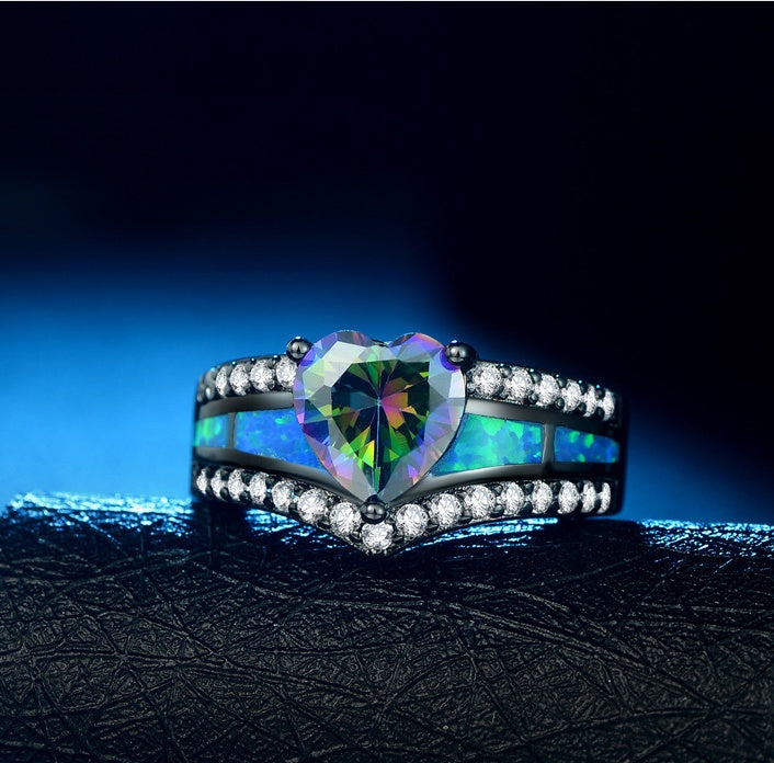 Heart Ring with Colorful Zircon Copper Blue Fire Inlay Anniversary Promise Jewelry Gift for Her for Daily Wear