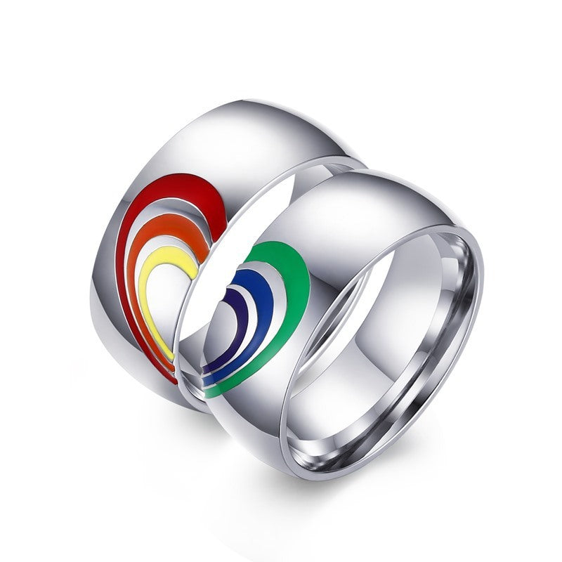 Rainbow Titanium Steel Couple Ring Geometric Lovers European American Style Epoxy Processing Material Titanium