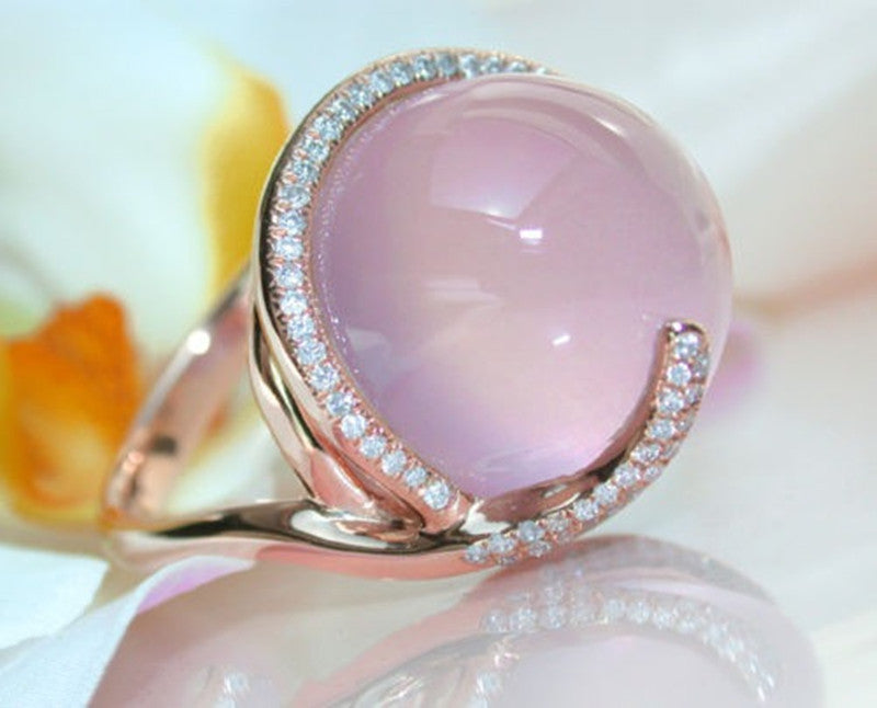 Pink Crystal Moonstone Diamond Ring Unisex Alloy Inlay Jewelry with Semi Precious Stones Gentle Shine Everyday