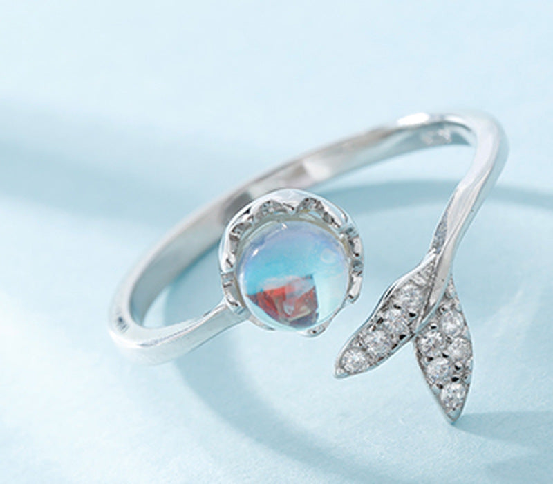 Womens 925 Sterling Silver Ring with Aurora Moonstone and 3A Zircon Fishtail Design Adjustable Opening Index Finger Ring White Gold Mermaid Ring