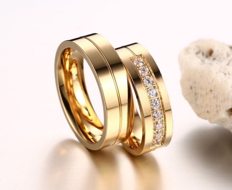 Titanium Steel Couple Ring Electroplated Gold Diamond
