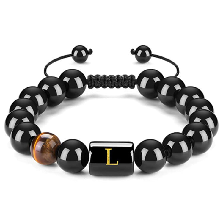 Mens Natural Black Agate 10mm Beads Handmade Initial Letter Bracelet Personalized Gift for Men Letter A Shape Letter